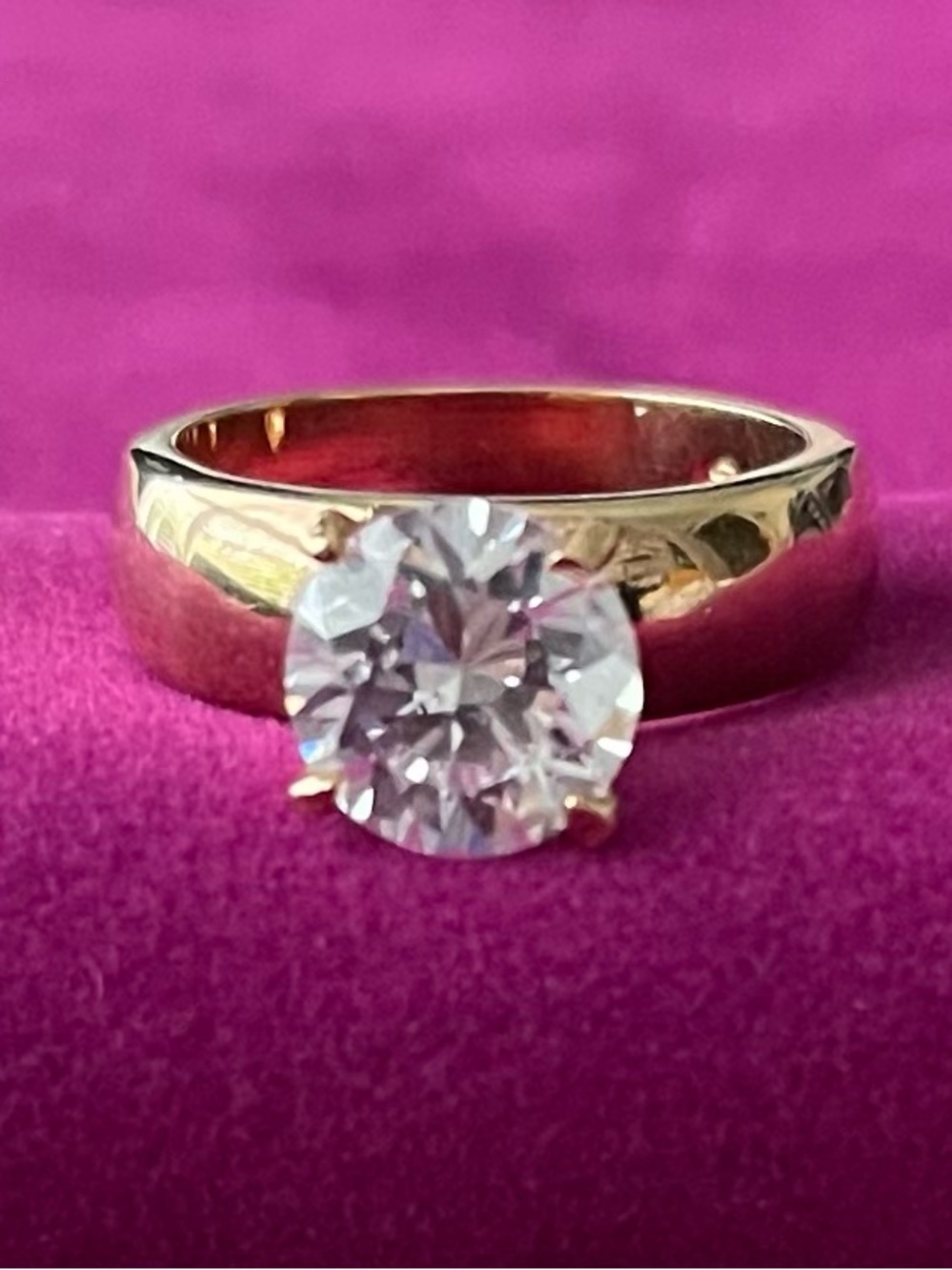 ENGAGEMENT RING /1.75CUBIC ZIRCONIA/GOLD PLATED CIGAR BAND/ SIZE 7 1/2/ MARKED C